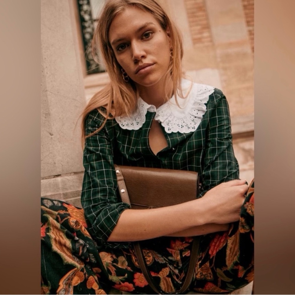 💚 Sezame phoebe tartan cotton blouse lace Peter Pan Collar FR 34